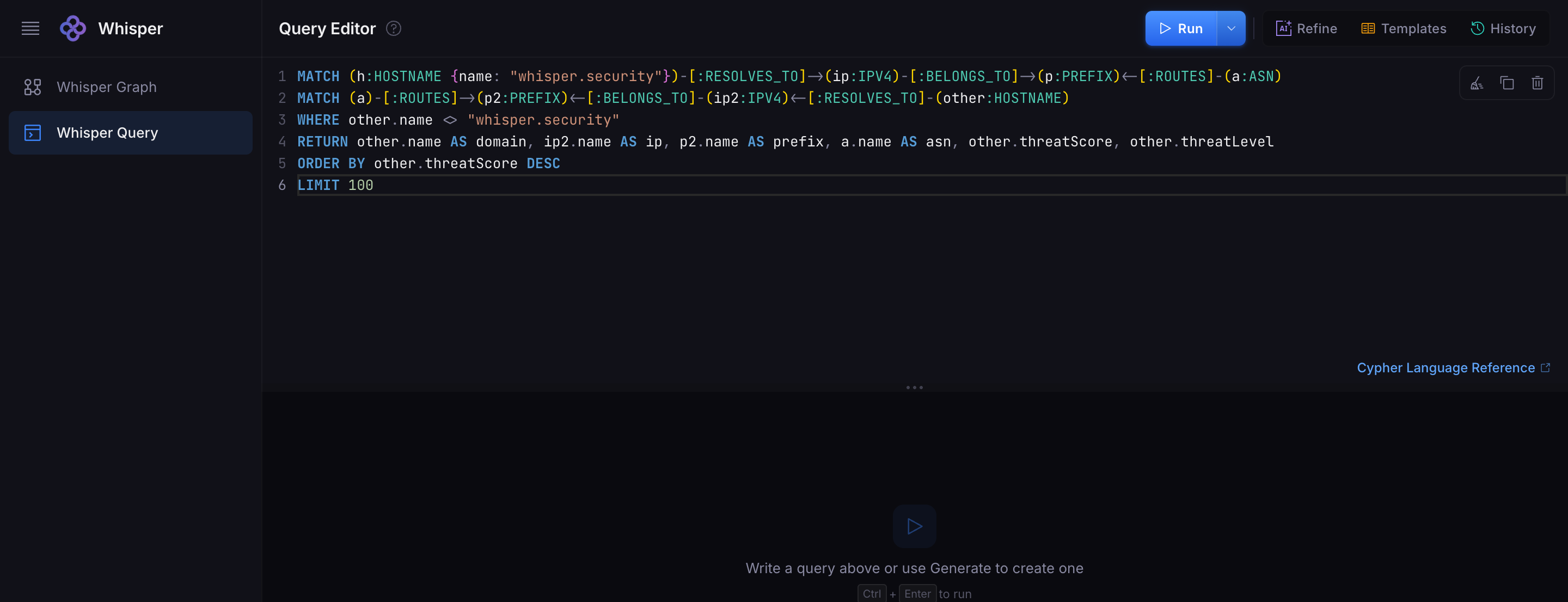 Whisper Query Studio — AI-generated Cypher query from natural language input