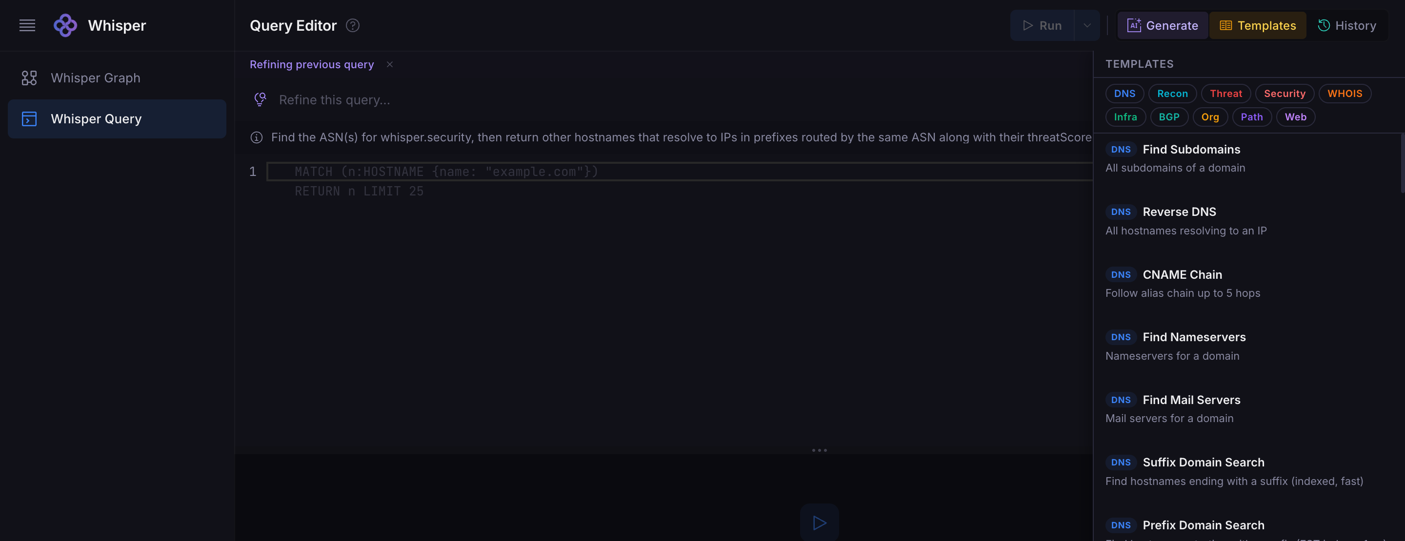 Whisper Query Templates — pre-built investigation templates categorized by DNS, Recon, Threat, Security